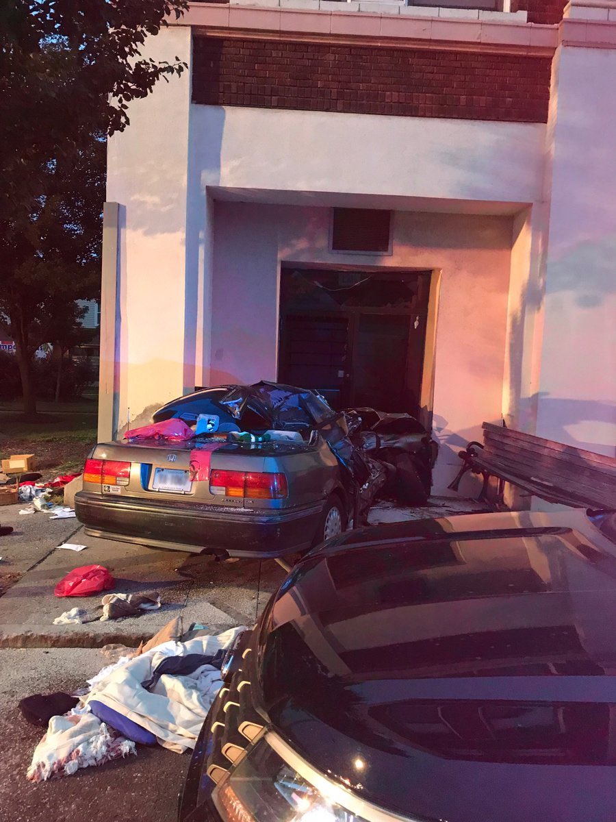 Car in building in Ansonia. Driver had to be removed with jaws of life. Driver seriously injured  