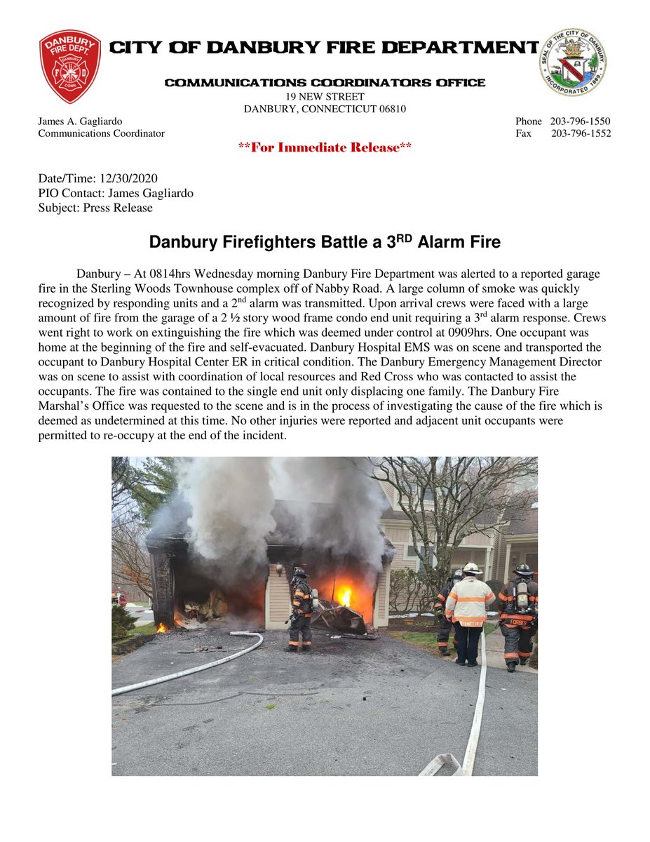 Danbury Firefighters battle a 3rd alarm in a townhouse complex