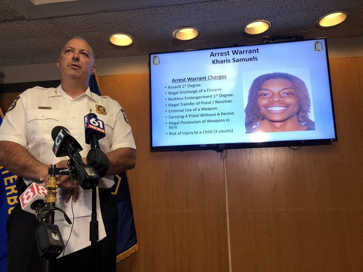 Waterbury Police identify a wanted suspect in the shooting of a 2-year-old from yesterday.  Kharis Samuels is said to have been showing a gun while at the home when it went off. 2nd pic is charges he could face