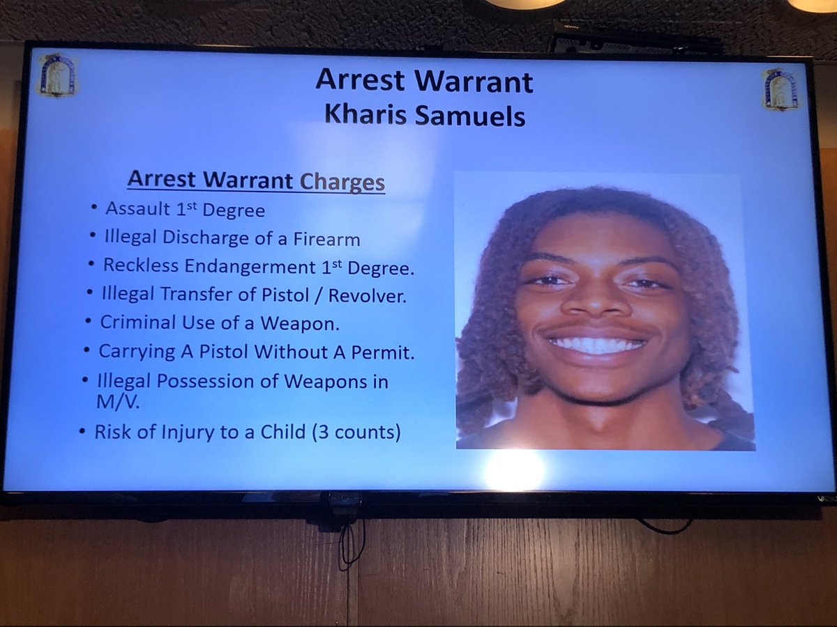 Waterbury Police identify a wanted suspect in the shooting of a 2-year-old from yesterday.  Kharis Samuels is said to have been showing a gun while at the home when it went off. 2nd pic is charges he could face