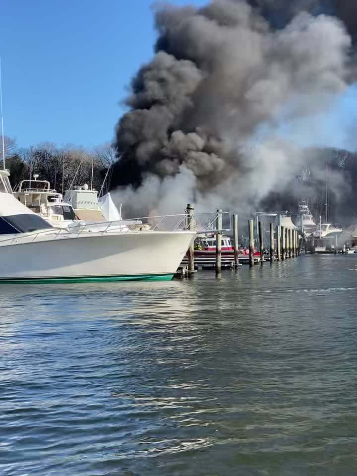 A boat being stored on land caught on fire early Monday afternoon at Old Saybrook’s marina